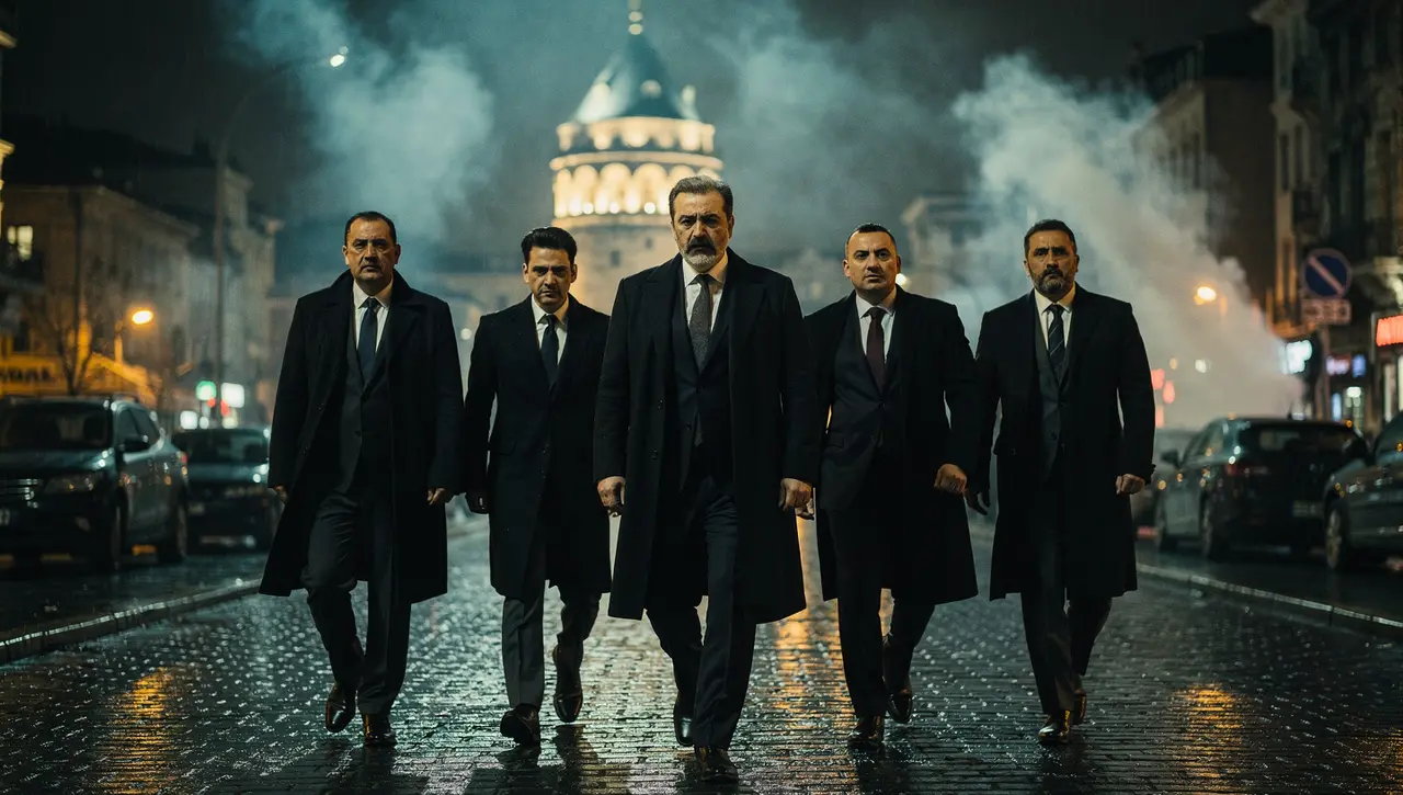 Gece İstanbul sokağında yürüyen takım elbiseli adamlar